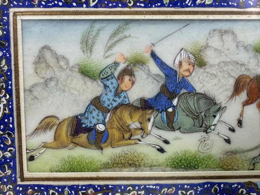 Vintage Persian Miniature Painting In Mosaic Wooden Frame 13 X 7.5 [Photo 5]