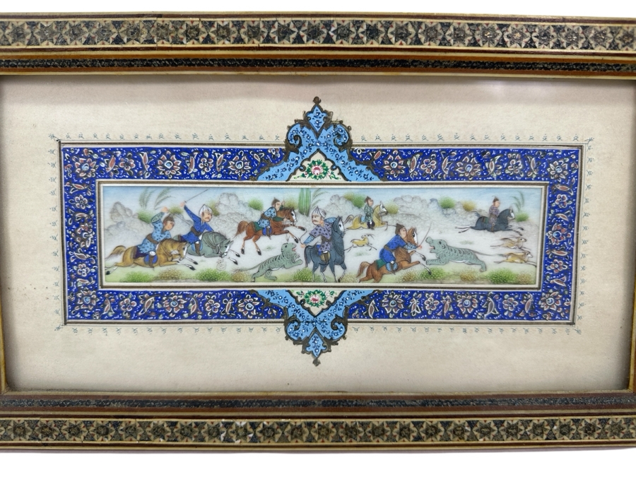 Vintage Persian Miniature Painting In Mosaic Wooden Frame 13 X 7.5 [Photo 1]