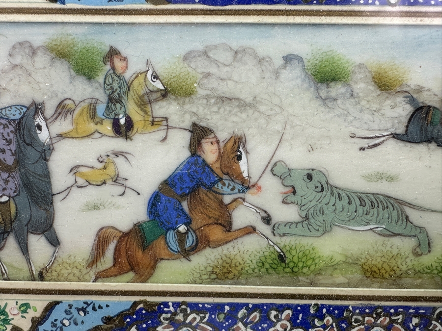 Vintage Persian Miniature Painting In Mosaic Wooden Frame 13 X 7.5 [Photo 7]