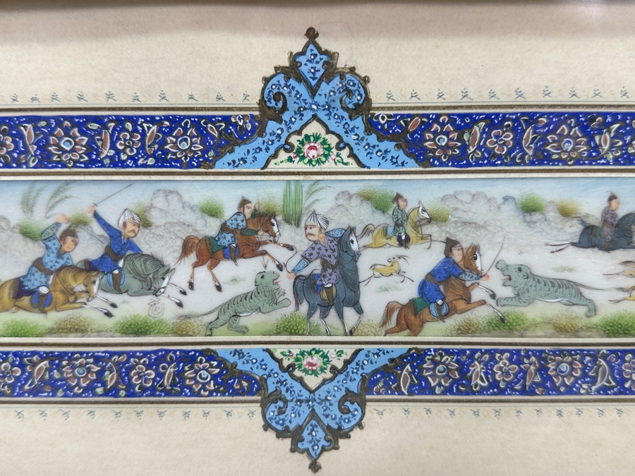 Vintage Persian Miniature Painting In Mosaic Wooden Frame 13 X 7.5 [Photo 3]