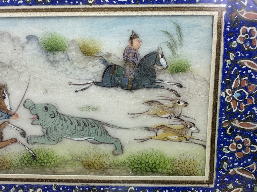 Vintage Persian Miniature Painting In Mosaic Wooden Frame 13 X 7.5 [Photo 8]