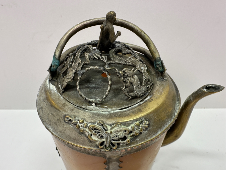 Vintage Chinese Tibetan Silver Overlay Stone Body Dragon Teapot With Inscription Underneath 6H [Photo 13]