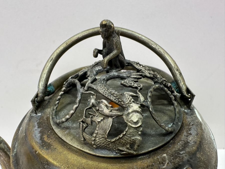 Vintage Chinese Tibetan Silver Overlay Stone Body Dragon Teapot With Inscription Underneath 6H [Photo 8]