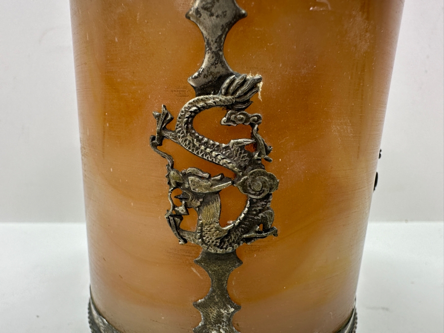 Vintage Chinese Tibetan Silver Overlay Stone Body Dragon Teapot With Inscription Underneath 6H [Photo 10]