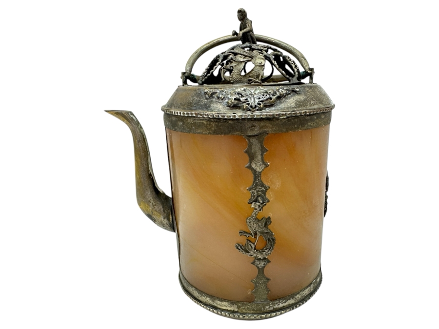 Vintage Chinese Tibetan Silver Overlay Stone Body Dragon Teapot With Inscription Underneath 6H [Photo 1]