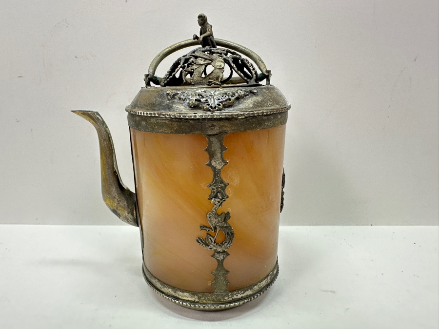 Vintage Chinese Tibetan Silver Overlay Stone Body Dragon Teapot With Inscription Underneath 6H [Photo 2]