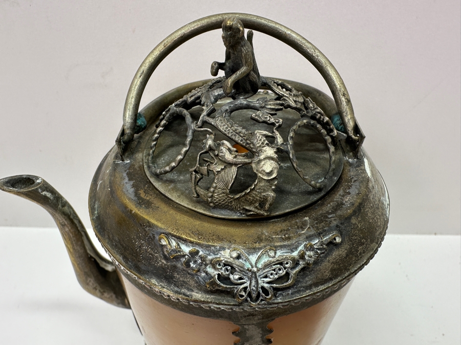 Vintage Chinese Tibetan Silver Overlay Stone Body Dragon Teapot With Inscription Underneath 6H [Photo 4]