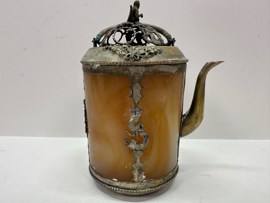 Vintage Chinese Tibetan Silver Overlay Stone Body Dragon Teapot With Inscription Underneath 6H [Photo 11]