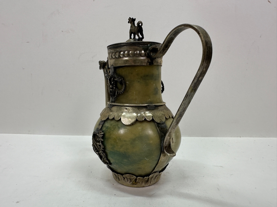 Vintage Stunning Chinese Tibetan Silver Overlay Stone Body Dragon Teapot With Inscription Underneath 4.5H [Photo 11]
