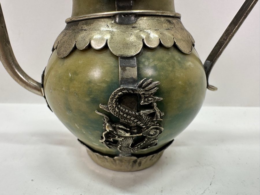 Vintage Stunning Chinese Tibetan Silver Overlay Stone Body Dragon Teapot With Inscription Underneath 4.5H [Photo 9]