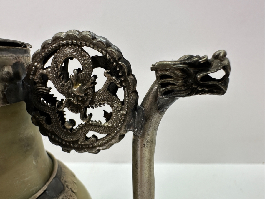 Vintage Stunning Chinese Tibetan Silver Overlay Stone Body Dragon Teapot With Inscription Underneath 4.5H [Photo 14]