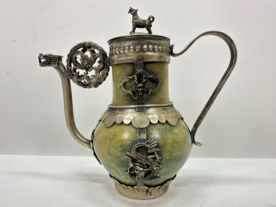 Vintage Stunning Chinese Tibetan Silver Overlay Stone Body Dragon Teapot With Inscription Underneath 4.5H [Photo 2]