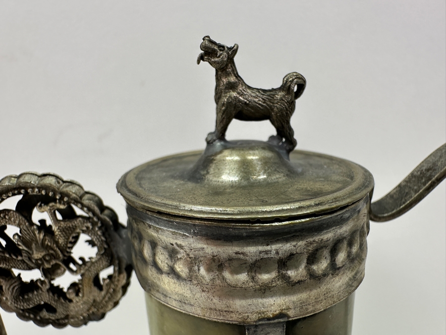 Vintage Stunning Chinese Tibetan Silver Overlay Stone Body Dragon Teapot With Inscription Underneath 4.5H [Photo 7]