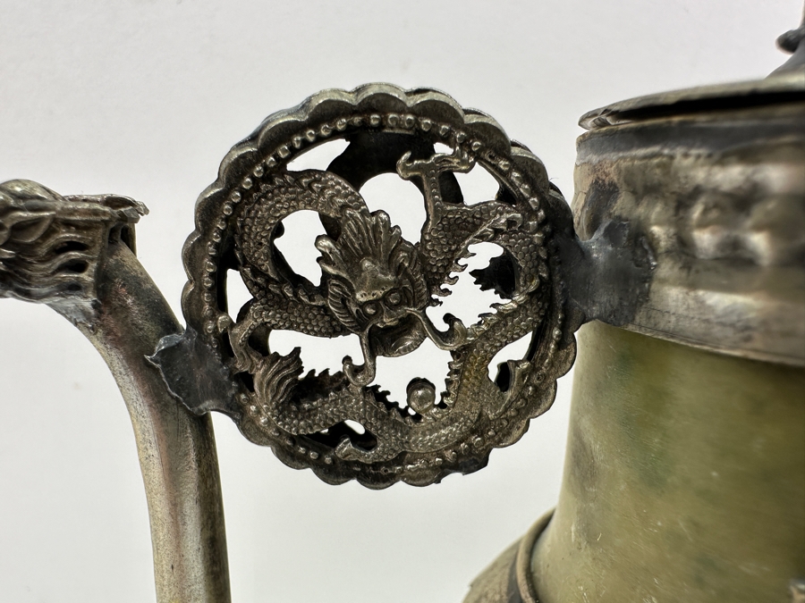 Vintage Stunning Chinese Tibetan Silver Overlay Stone Body Dragon Teapot With Inscription Underneath 4.5H [Photo 6]