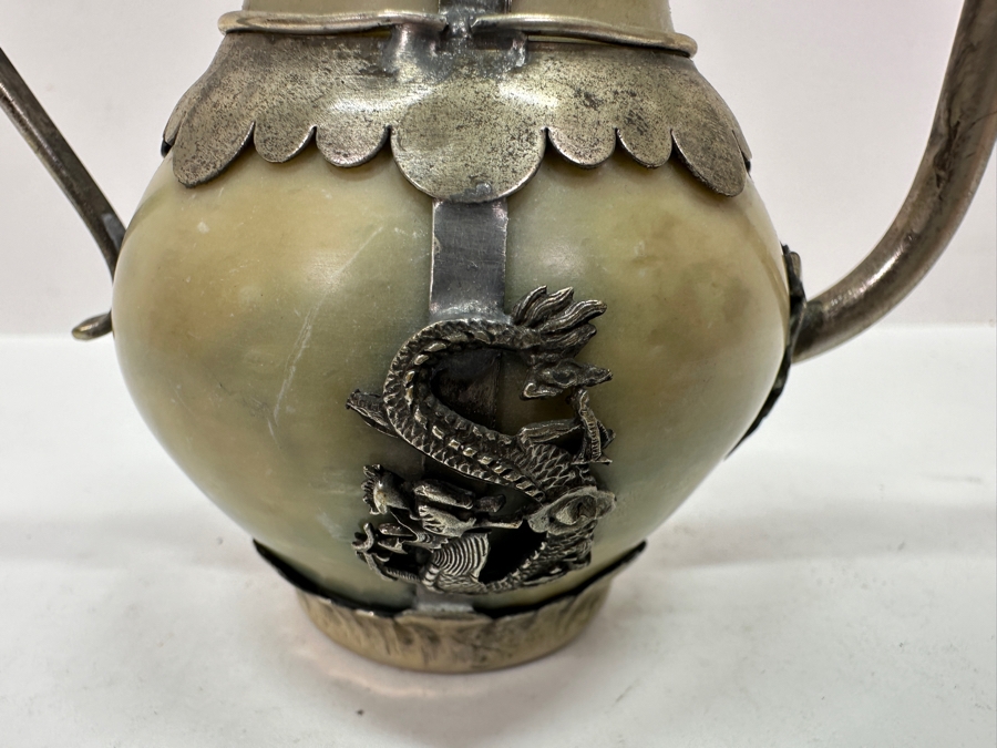 Vintage Stunning Chinese Tibetan Silver Overlay Stone Body Dragon Teapot With Inscription Underneath 4.5H [Photo 16]