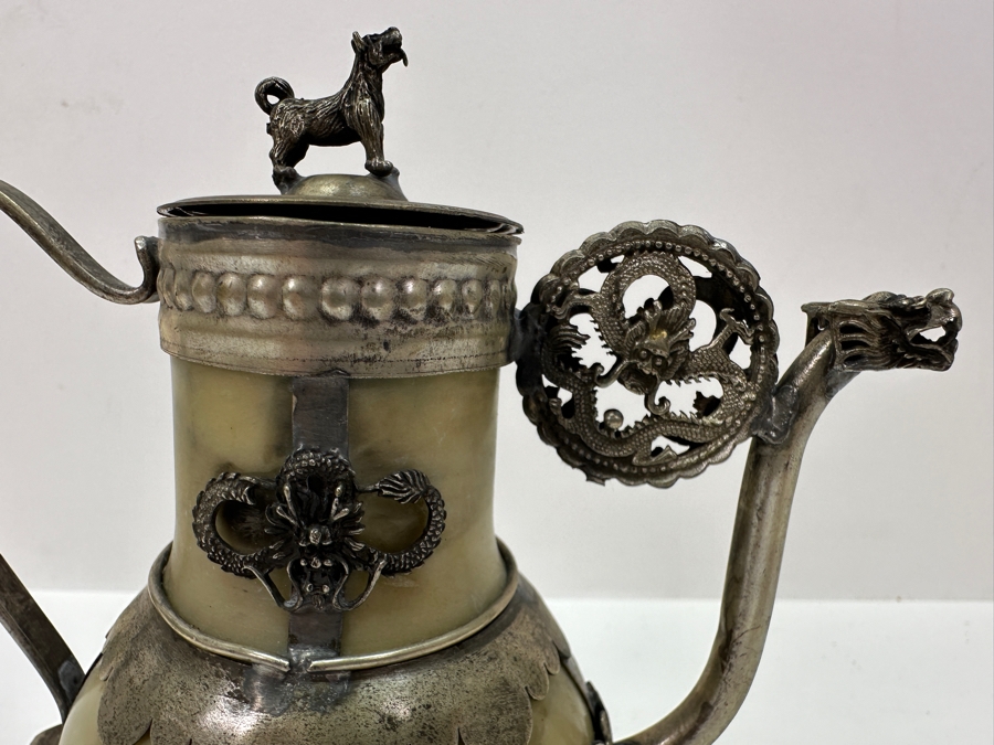Vintage Stunning Chinese Tibetan Silver Overlay Stone Body Dragon Teapot With Inscription Underneath 4.5H [Photo 13]