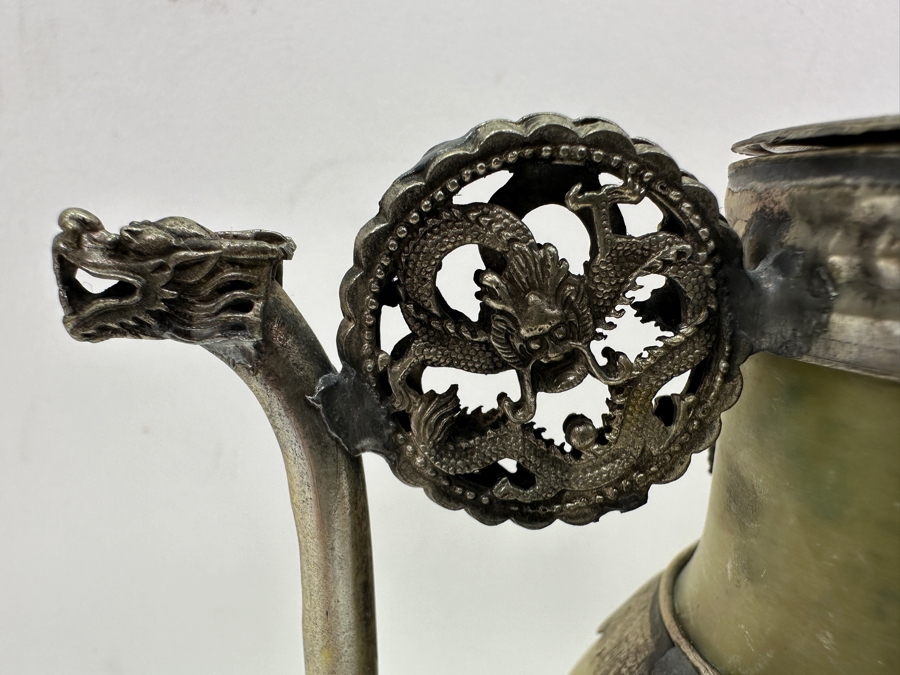 Vintage Stunning Chinese Tibetan Silver Overlay Stone Body Dragon Teapot With Inscription Underneath 4.5H [Photo 5]