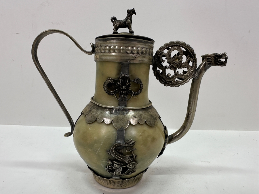 Vintage Stunning Chinese Tibetan Silver Overlay Stone Body Dragon Teapot With Inscription Underneath 4.5H [Photo 12]