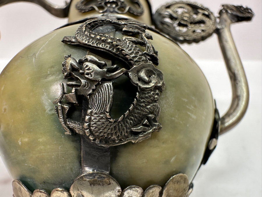 Vintage Stunning Chinese Tibetan Silver Overlay Stone Body Dragon Teapot With Inscription Underneath 4.5H [Photo 18]