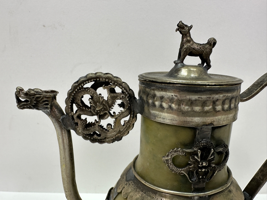 Vintage Stunning Chinese Tibetan Silver Overlay Stone Body Dragon Teapot With Inscription Underneath 4.5H [Photo 4]