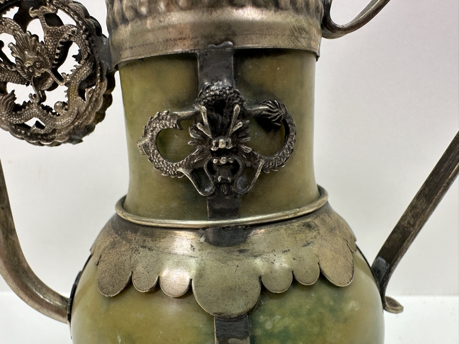 Vintage Stunning Chinese Tibetan Silver Overlay Stone Body Dragon Teapot With Inscription Underneath 4.5H [Photo 8]