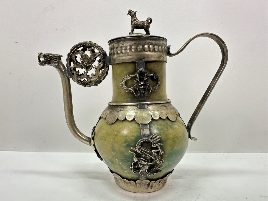 Vintage Stunning Chinese Tibetan Silver Overlay Stone Body Dragon Teapot With Inscription Underneath 4.5H [Photo 3]