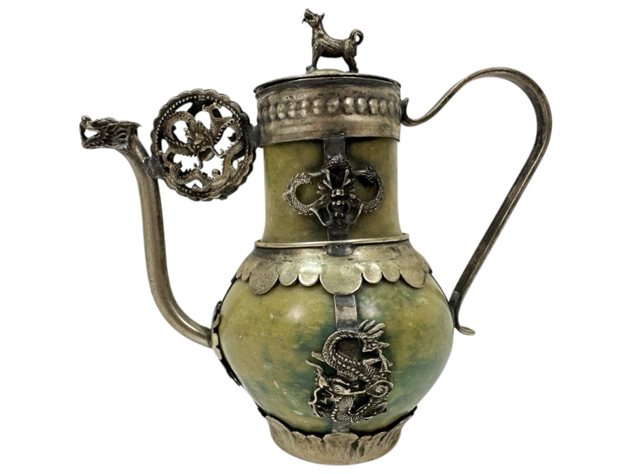 Vintage Stunning Chinese Tibetan Silver Overlay Stone Body Dragon Teapot With Inscription Underneath 4.5H [Photo 1]