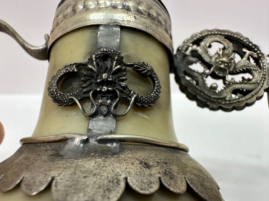 Vintage Stunning Chinese Tibetan Silver Overlay Stone Body Dragon Teapot With Inscription Underneath 4.5H [Photo 17]