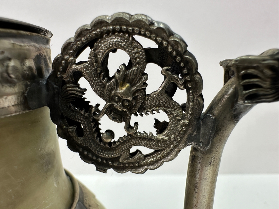 Vintage Stunning Chinese Tibetan Silver Overlay Stone Body Dragon Teapot With Inscription Underneath 4.5H [Photo 15]