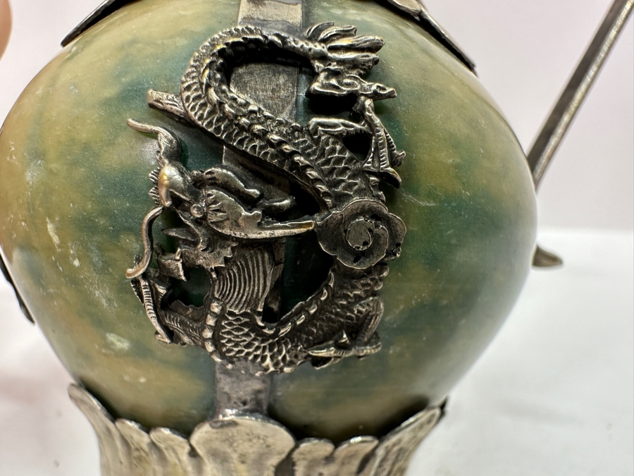 Vintage Stunning Chinese Tibetan Silver Overlay Stone Body Dragon Teapot With Inscription Underneath 4.5H [Photo 10]