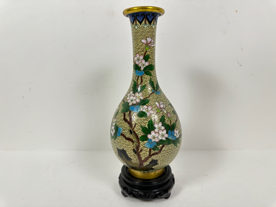 Chinese Cloisonne Vase On Wooden Stand 8H [Photo 2]