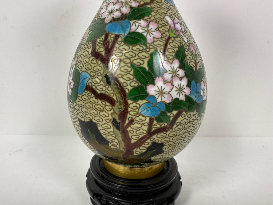 Chinese Cloisonne Vase On Wooden Stand 8H [Photo 3]