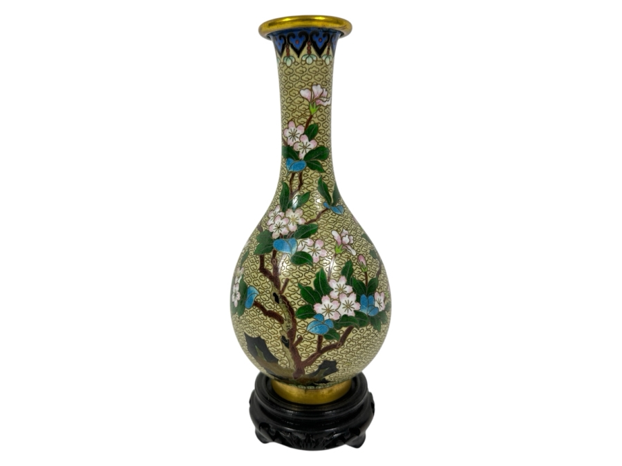 Chinese Cloisonne Vase On Wooden Stand 8H [Photo 1]