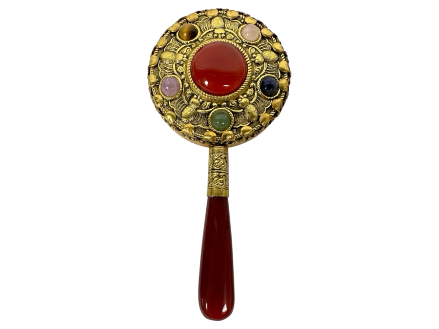 Vintage Chinese Gemstone Hand Mirror with Carnelian Handle 4.75'L [Photo 1]