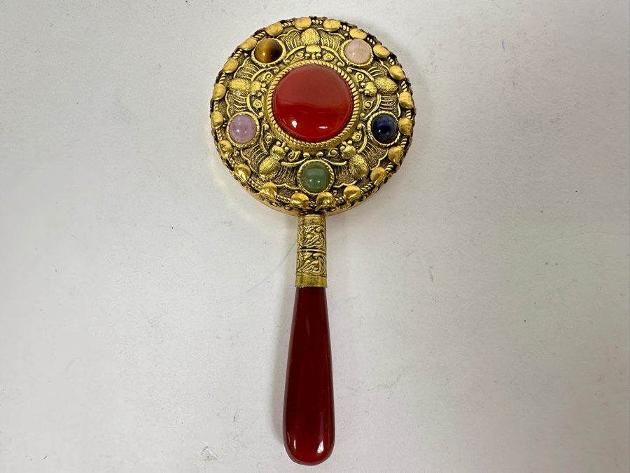 Vintage Chinese Gemstone Hand Mirror with Carnelian Handle 4.75'L [Photo 2]