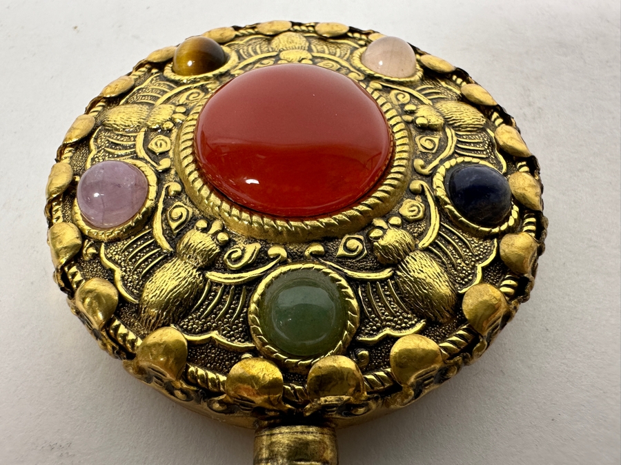 Vintage Chinese Gemstone Hand Mirror with Carnelian Handle 4.75'L [Photo 4]