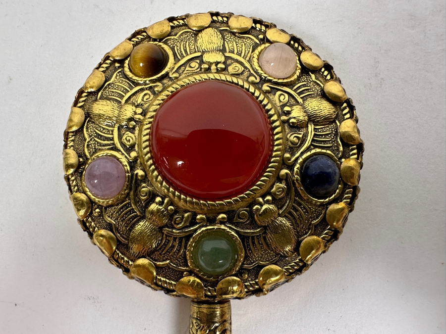 Vintage Chinese Gemstone Hand Mirror with Carnelian Handle 4.75'L [Photo 3]
