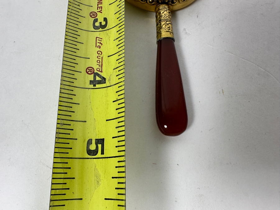 Vintage Chinese Gemstone Hand Mirror with Carnelian Handle 4.75'L [Photo 6]