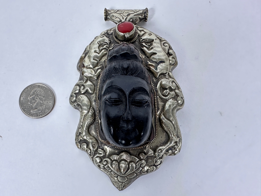 Large Vintage Tibetan Silver Carved Quan Yin Buddha Pendant 3W X 5L X 1.75D 111.4g [Photo 2]