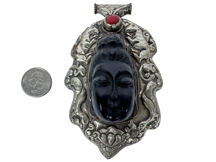 Large Vintage Tibetan Silver Carved Quan Yin Buddha Pendant 3W X 5L X 1.75D 111.4g