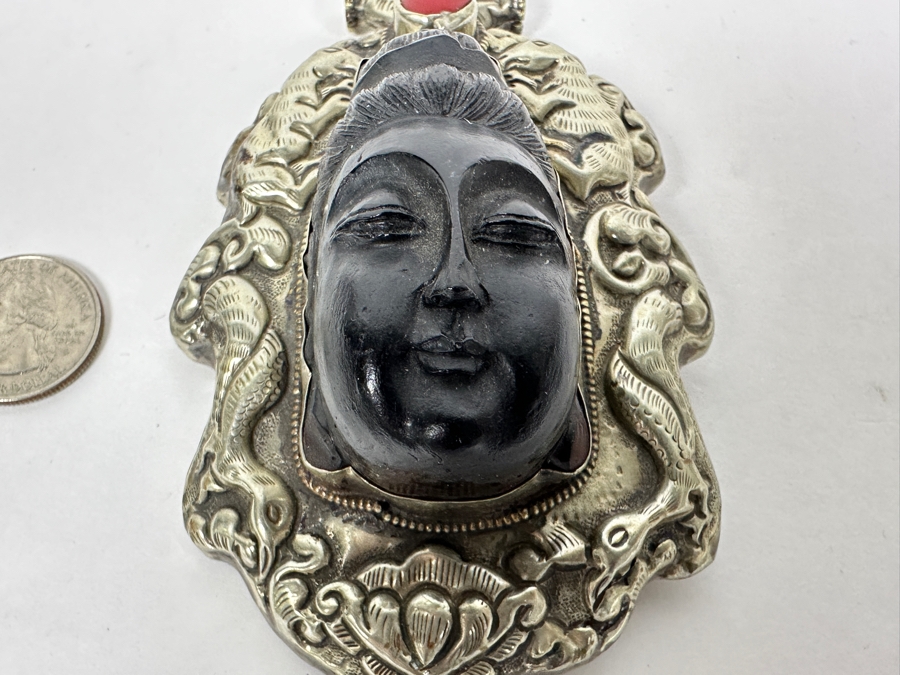 Large Vintage Tibetan Silver Carved Quan Yin Buddha Pendant 3W X 5L X 1.75D 111.4g [Photo 3]