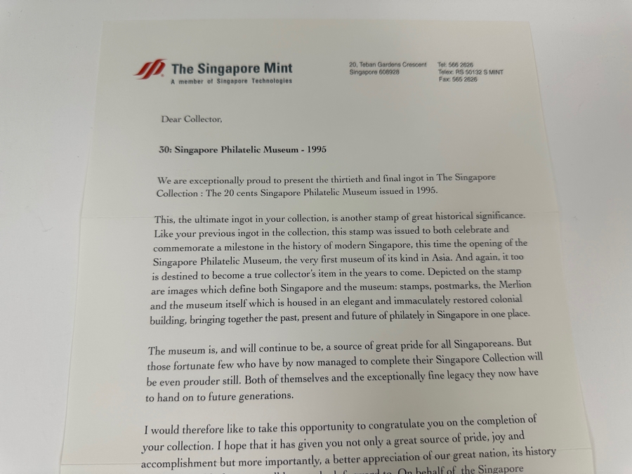 (4) Rare 1995 Limited Edition The Singapore Collection 925 Sterling Silver Proof Ingots By The Singapore Mint And Singapore Philatelic Museum Limited To 3,800 Sets 151.2g [Photo 14]