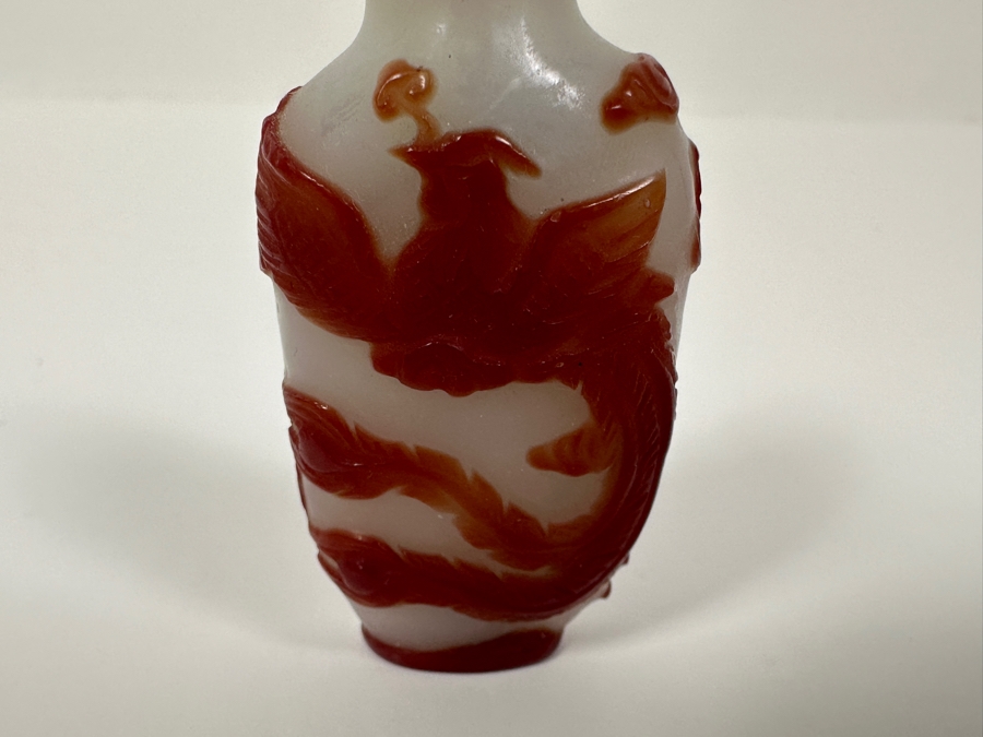 Antique Chinese Red Overlay Glass Snuff Bottle Featuring A Phoenix Design 2 3/8'H [Photo 5]