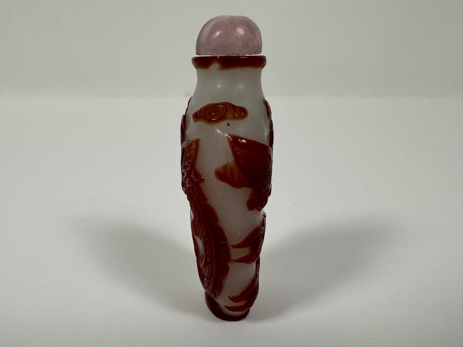 Antique Chinese Red Overlay Glass Snuff Bottle Featuring A Phoenix Design 2 3/8'H [Photo 6]