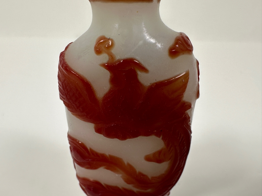 Antique Chinese Red Overlay Glass Snuff Bottle Featuring A Phoenix Design 2 3/8'H [Photo 4]