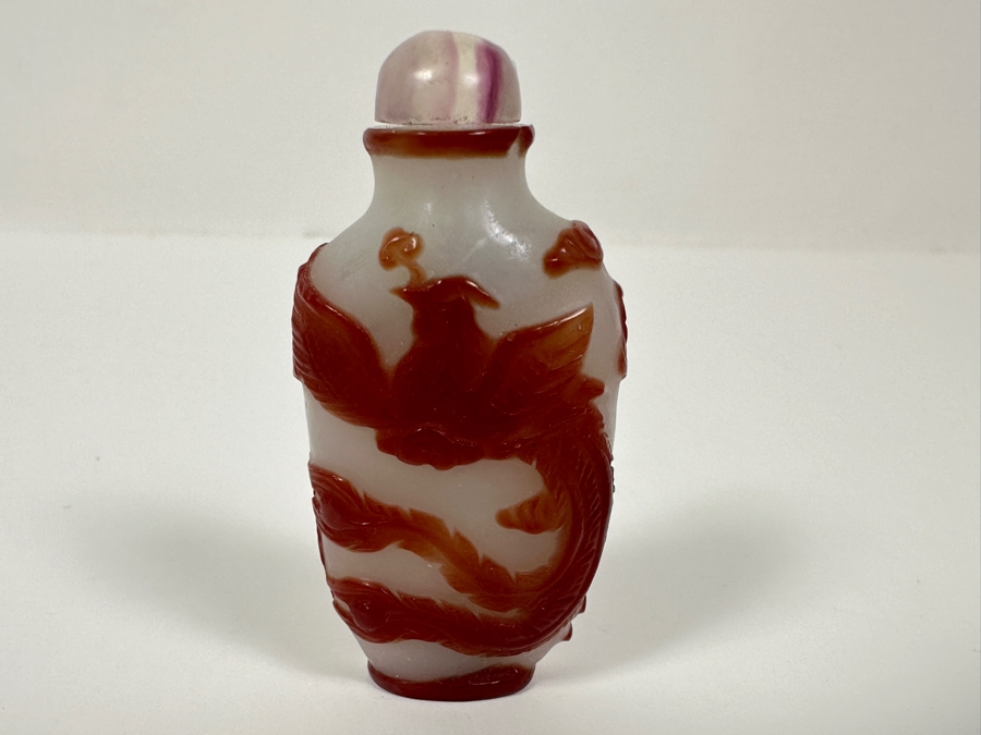 Antique Chinese Red Overlay Glass Snuff Bottle Featuring A Phoenix Design 2 3/8'H [Photo 3]