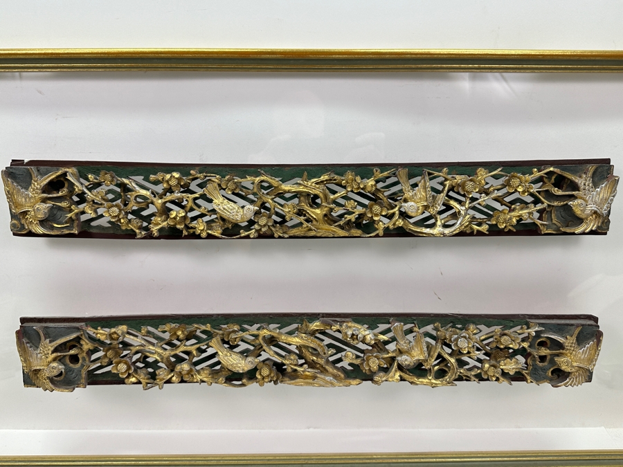 Chinese Hand Carved Relief Wood Wall Panels with Gold Accents 21.5'W x 2.75'H (Framed 32.5'W x 16'H) [Photo 2]