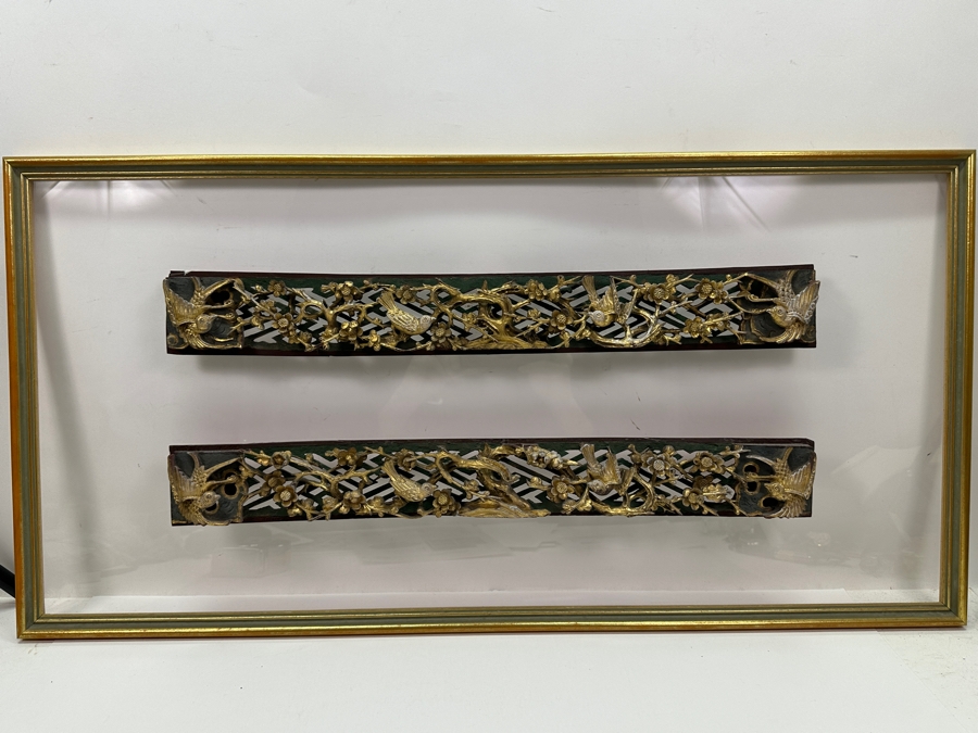 Chinese Hand Carved Relief Wood Wall Panels with Gold Accents 21.5'W x 2.75'H (Framed 32.5'W x 16'H) [Photo 1]