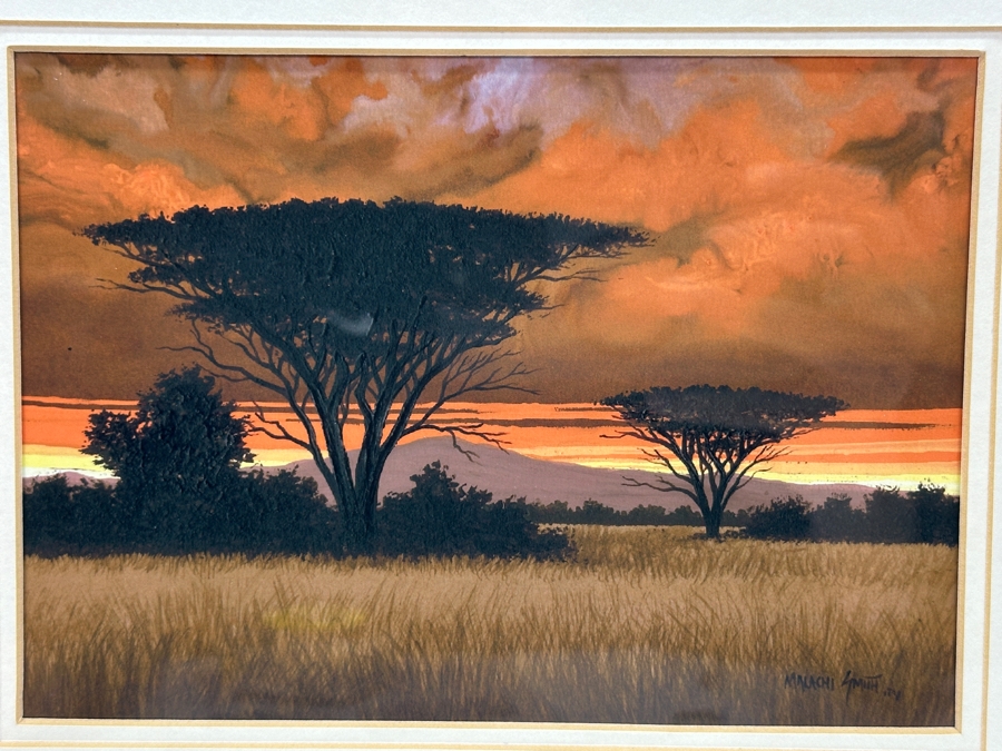 Malachi Smith (1948-2012, South Africa) Stunning Original Landscape Painting On Board Titled 'An African Sunset' 8 X 5.5 Framed 15.5 X 13 [Photo 1]
