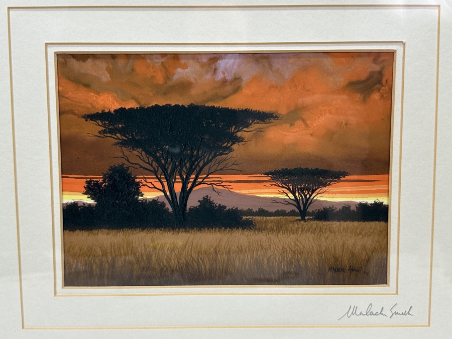 Malachi Smith (1948-2012, South Africa) Stunning Original Landscape Painting On Board Titled 'An African Sunset' 8 X 5.5 Framed 15.5 X 13 [Photo 4]